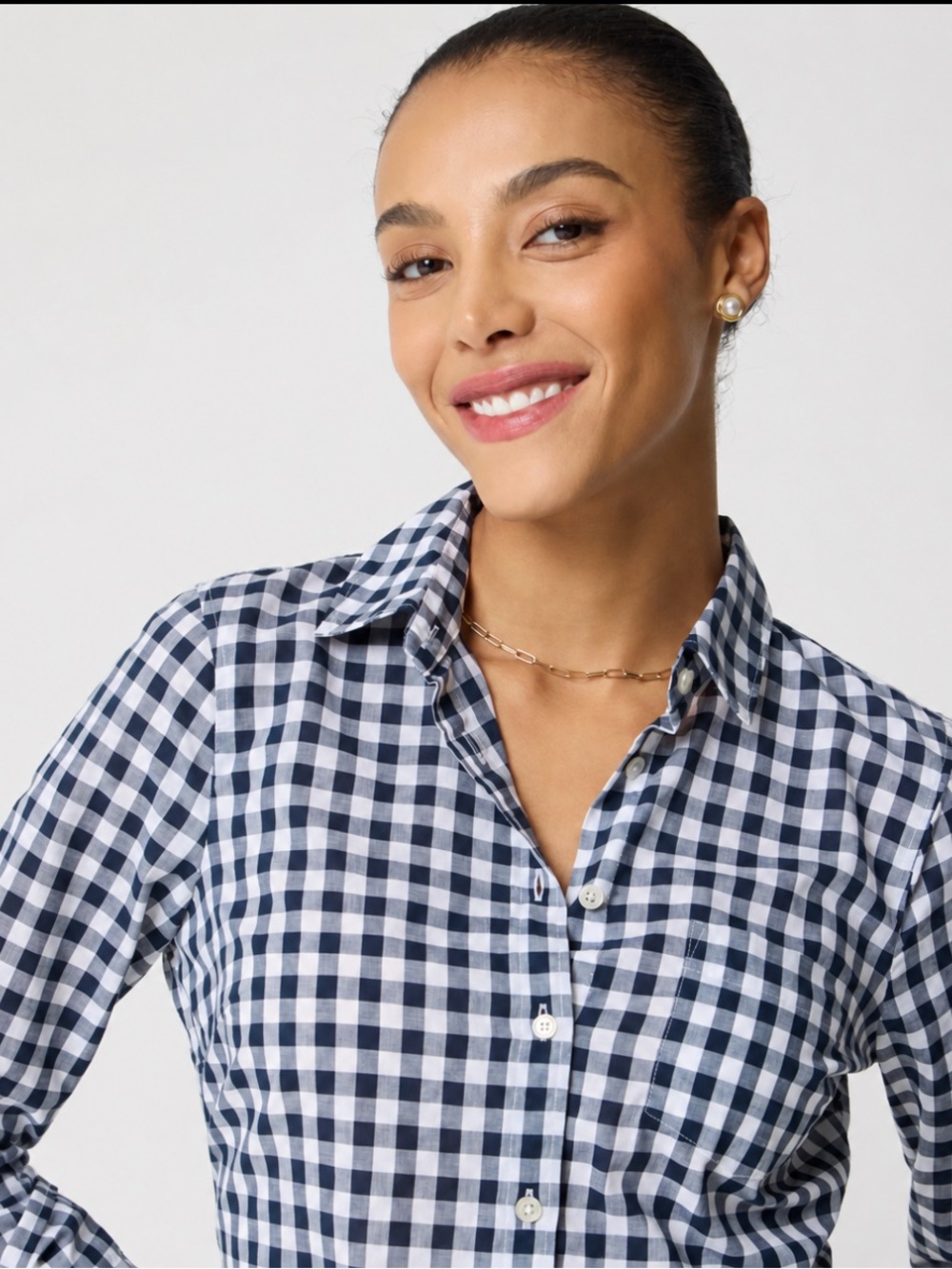 J. Crew Navy and White 100% Cotton Gingham Button-Down Shirt Size-Small Preppy